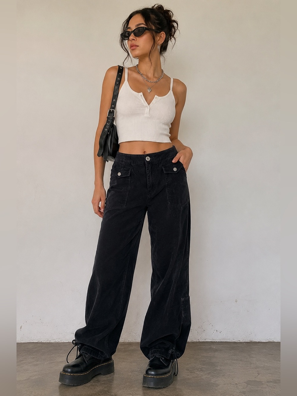 Moda International Vintage Black Corduroy Wide Leg Baggy Adj. Cinch Ankle Pants